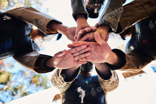 Preview: Goals, paintball team or hands in huddle for strategy, hope or soldier training on war battlefield.