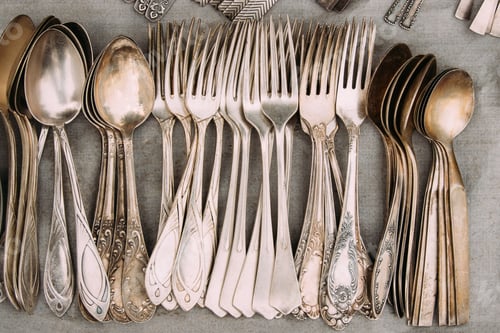 Preview: Top View Of Set Retro, Old, Vintage Cutlery Spoons And Forks On