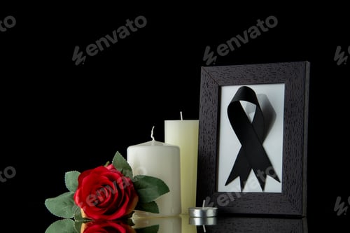 Preview: front view of white candles with picture frame on a black background war death palestine funeral