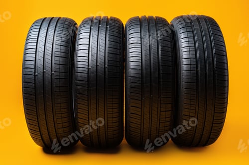 Preview: Car tires isolated on yellow background, close up