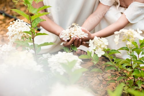 Visualização: foto recortada de mãe e filha tocando lindas flores florescendo ao ar livre