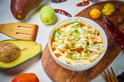 Preview: Chicken tortilla soup artfully arranged on a wooden table next to spices and fresh fruit