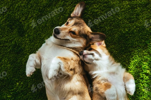 Preview: view from above of two adorable welsh corgi dogs laying on green lawn