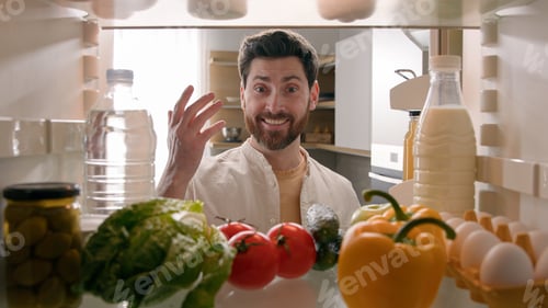 Preview: Point of view from inside refrigerator POV Caucasian man householder homeowner open fridge door