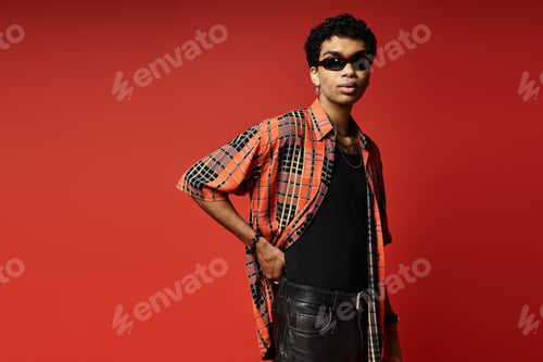 Preview: Stylish Young Man in Plaid and Leather on Red