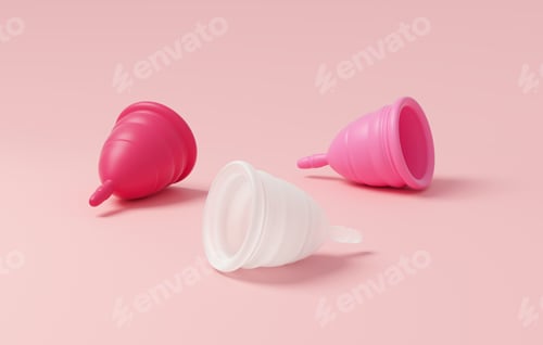 Preview: Three menstrual cups isolated on a pink background in 3D illustration