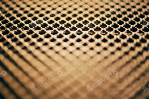 Preview: Metal background. Lattice texture with small cells grid. Selective focus point