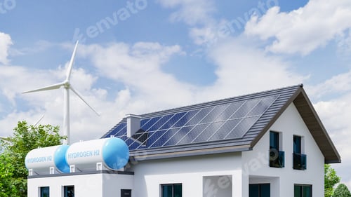 Preview: Hydrogen energy house have solar panels and wind turbine facility