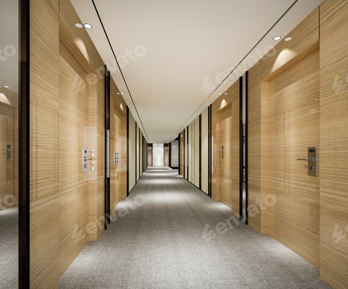 Preview: 3d rendering modern luxury wood and tile hotel corridor