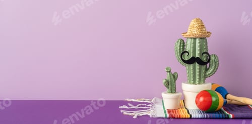 Preview: Playful arrangement celebrating Mexican culture with cacti, maracas, and bright colors