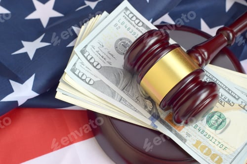 Preview: Judge gavel and money on United States of America flag
