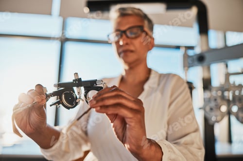 Preview: Trial frame, optometry and hands of woman in hospital or clinic for optician eye test. Vision, heal