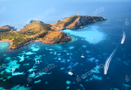 Preview: Aerial view of island, sea bay with clear azure water, boats