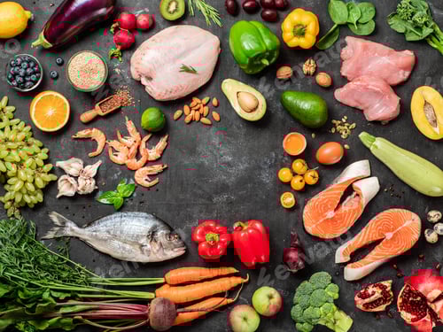 Preview: Pegan diet concept. Paleo plus vegan food ingredients