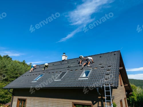 Preview: Men worker installing solar photovoltaic panels on roof, alternative energy, saving resources and