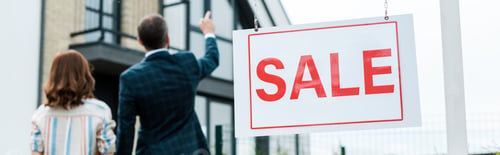 Preview: panoramic shot of broker pointing with finger at house while standing near woman
