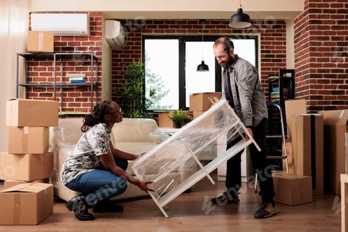Preview: Diverse couple decorating new rented apartment to move in