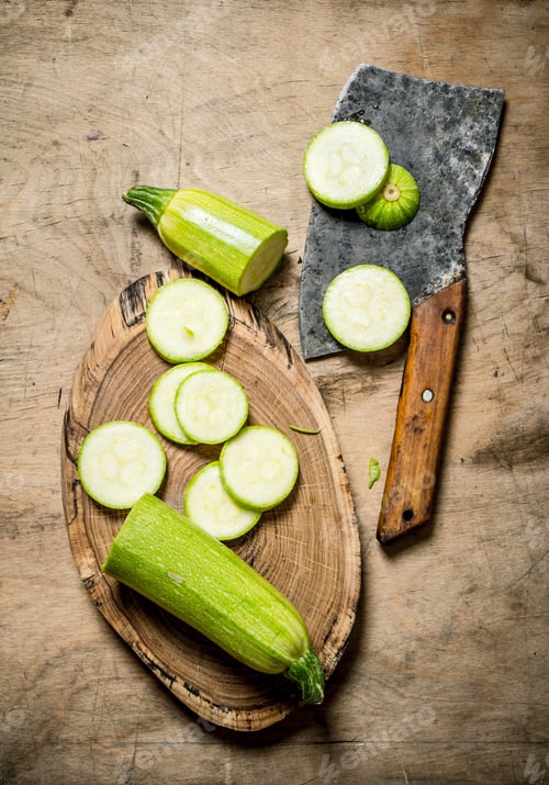 Preview: Sliced zucchini and an old hatchet .