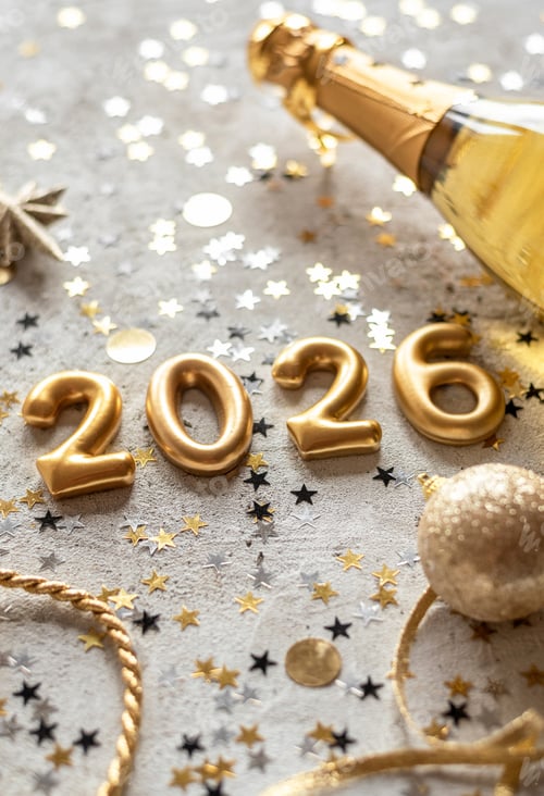 Visualização: Números dourados de ano novo de 2026 com confete e garrafa de champanhe