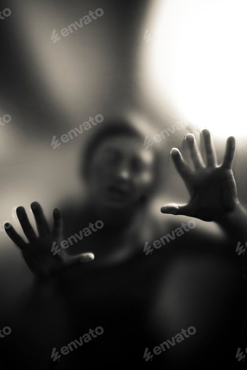 Preview: Scary picture of hands behind glass, horror ghost behind door, Halloween concept