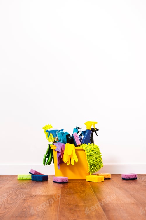 Preview: Bright multi-colored cleaning products, household chemicals bottles and sprays