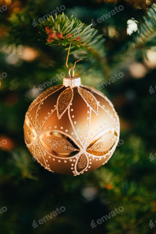 Preview: Close up of golden christmas tree ball