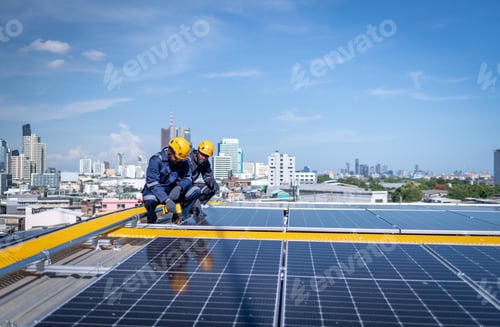 Preview: Engineers walking on roof inspect and check solar cell panel by hold equipment and cordless drill ,s