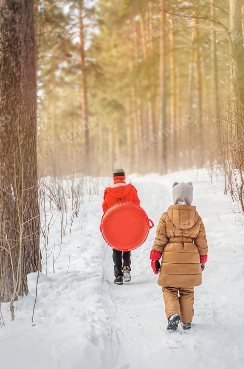 Preview: boy and girl are walking in the winter forest with a tubing
