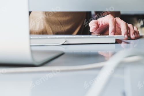 Preview: Working time, close up image of man hand using computer