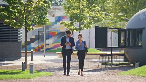 Preview: Colleagues strolling street together on lunch break. Smiling couple talking