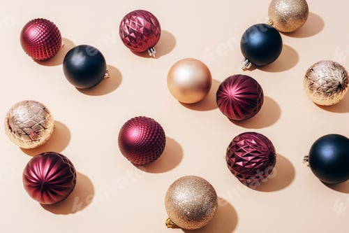 Preview: Colorful Christmas balls on light beige background with sharp shadows. Top view, flat lay