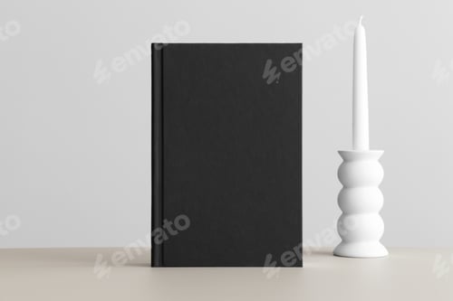Preview: Black book mockup with a candle on the beige table.