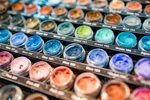 Preview: Сollection of acrylic powder different colors for nails closeup