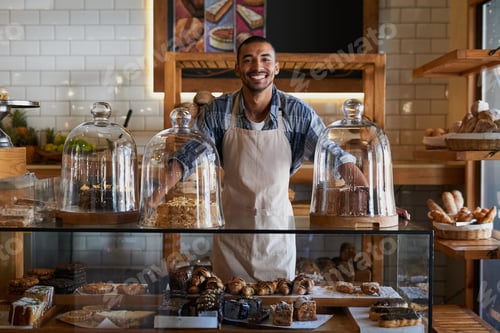 Preview: Portrait of a young business owner standing behind the counter of his bakery