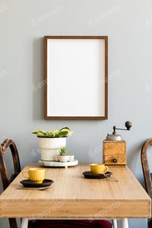 Preview: Stylish interior of kitchen space with wooden table with mock up photo frame.