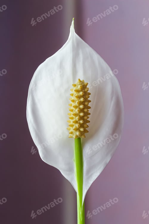 Preview: White flower of spathiphyllum close-up on a purple background.