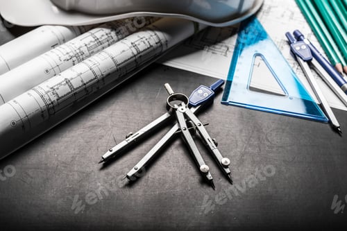 Preview: Construction planning drawings on black background
