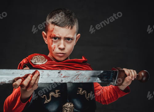 Preview: Little legionary with bloody face holding a sword in dark background