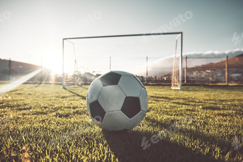 Preview: Soccer ball, goal post and grass on sports field, wellness club or fitness center for exercise, tra