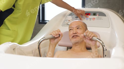 Preview: Elderly Asian people receiving assistance with bathing using a machine
