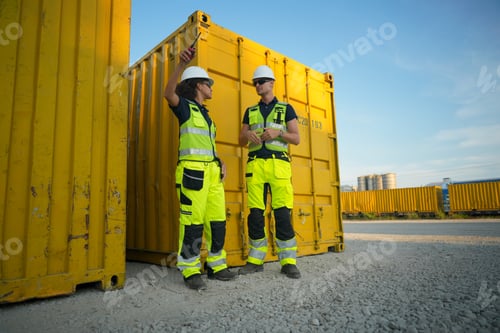 Preview: Two construction workers in high-visibility gear discuss tasks near yellow shipping containers