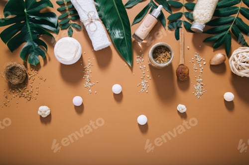 Preview: Beautiful spa composition on brown background. Space for text