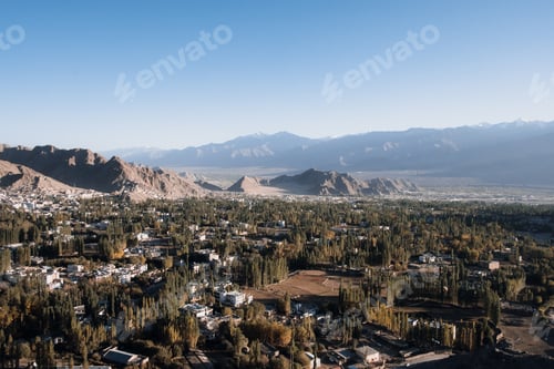 Preview: Landscape and building in Leh Ladakh city with mountains and blue sky background