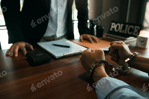 Preview: Police officers stand to make allegations about cyberbullying offenses at office room.