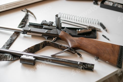 Preview: the classic wooden and metal hunting weapon rifle disassembled parts and details