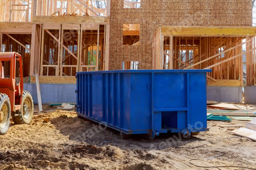 Preview: Blur dumpster, recycle waste and garbage bins near new construction of appartment houses building