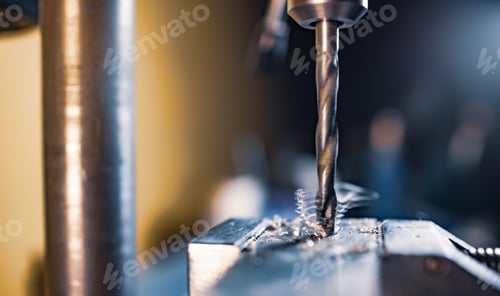 Preview: Drilling process with shavings close-up at the workplace in workshop