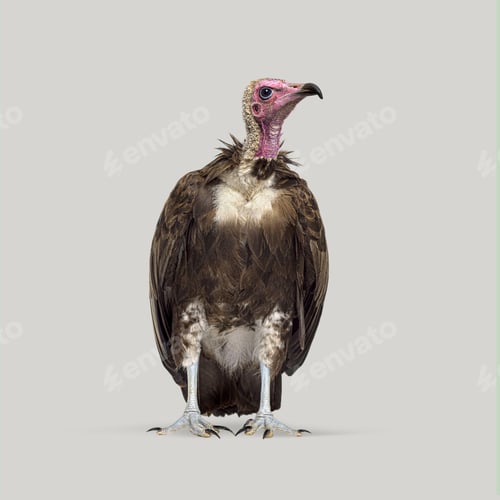 Preview: Studio shot of a hooded vulture standing still and looking slightly up, isolated on gray background