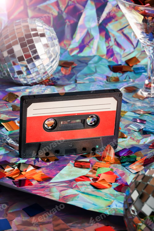Preview: old cassette tape, disco ball and cocktail glass on crumpled neon background.retro and nostalgia