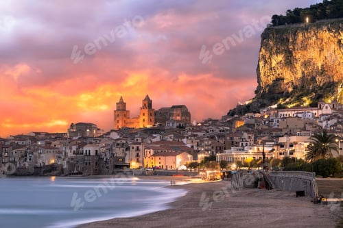 Preview: Cefalu, Sicily, Italy on the Tyrrhenian Sea at dusk.